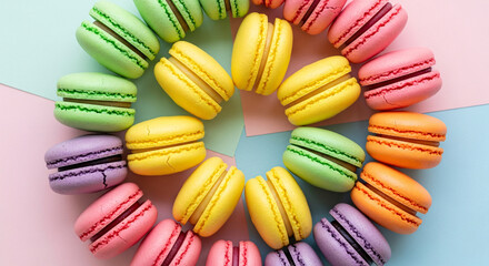 Colorful Macarons Arranged in a Circular Pattern Delicious Dessert Treats.