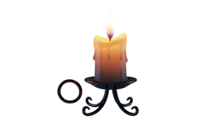 Lit candle in ornate holder flame dripping wax