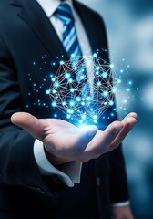 Man holding glowing network structure hand