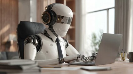 Artificial intelligence employee working: A futuristic robot, exuding professionalism and innovation, diligently works at a desk, embodying the cutting edge of technology in a sleek office setting.