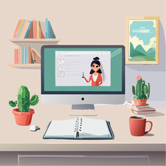 A woman teaches online, displayed on a computer screen, with study materials and decor.