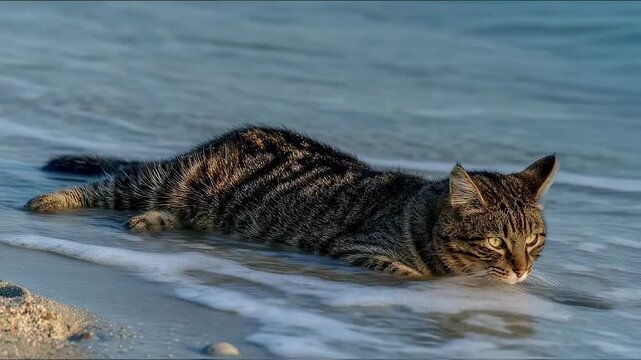 A charming tabby cat sprawls on a warm patch of sand its tail flicking lazily as it cleans its whiskers with meticulous care. The ocean breeze ruffles its fur ever so slightly adding