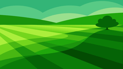 Obraz premium A vibrant green field with rolling hills stretches under a bright blue sky, adorned with fluffy white clouds, evoking a serene summer nature landscape