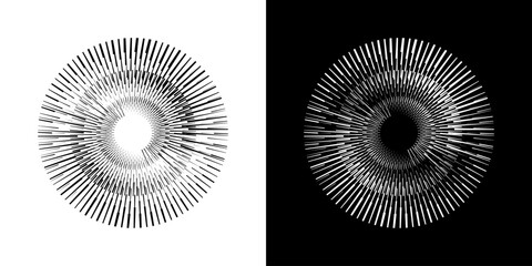 Dynamic abstract spiral sound wave rhythm lines. Circular spiral sound wave rhythm of lines. Circular futuristic abstract lines, black and white background.	
