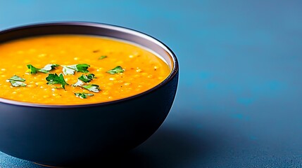 Hearty red lentil soup garnished with fresh parsley in a dark bowl