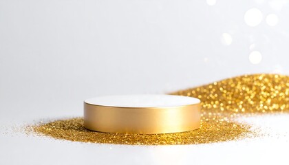 Golden glitter texture flowing on white background with a soft glowing light,