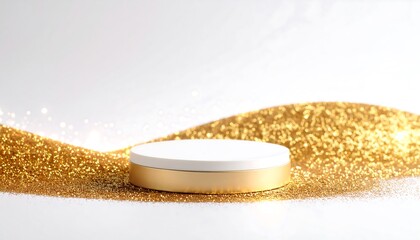 Golden glitter texture flowing on white background with a soft glowing light,
