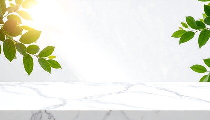 Leaf light reflections on white marble surface,