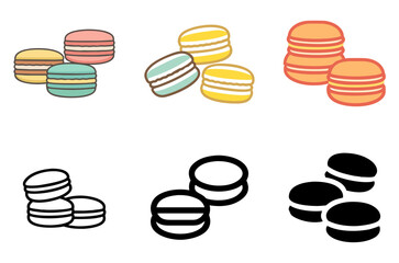 Colorful macarons or small round cookies for dessert, bakery, and sweet food icon set
