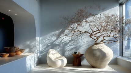 Light-filled interior showcasing a large ceramic vase and contemporary furnishings.