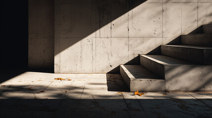 Concrete staircase with shadows and autumn leaves in sunlight  