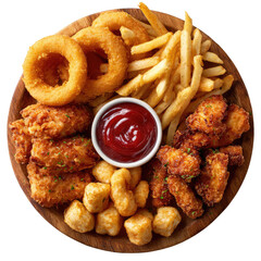 Delicious Fast Food with Fries, Onion Rings, and Chicken isolated on transparent white background, clipping path