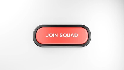 3D Rendered Fist Smashes Giant Red JOIN SQUAD Button with Force – Hand Pressing Red Button