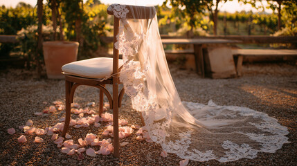Elegant lace wedding veil draped over chair in outdoor setting  