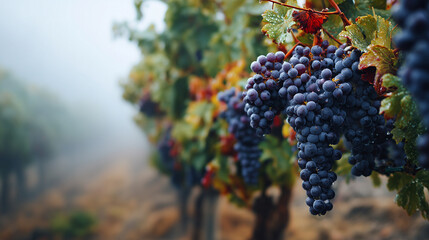 Grapes hanging from vineyard vines in misty morning atmosphere  