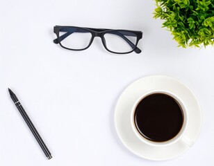 Ultra-minimalist desk objects forming a frame on a white background. Clean, professional concept with maximum copy space