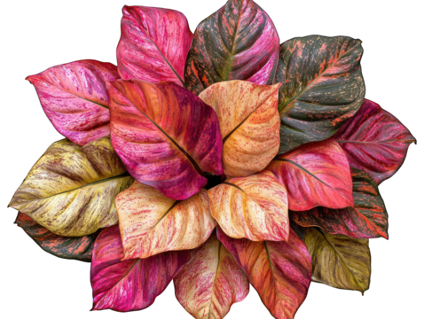 Vibrant, patterned leaves of a plant cluster, in various shades of pink, red, orange, and yellow, arranged in a rosette - Powered by Adobe