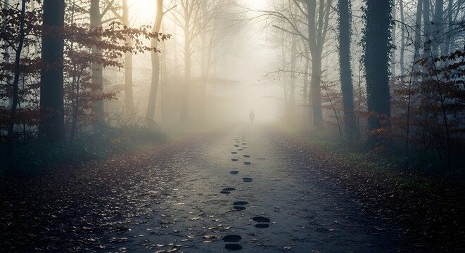Whispers of the Path: A serene path in a dense forest shrouded in mist, inviting contemplation and curiosity as footprints disappear into the unknown. 