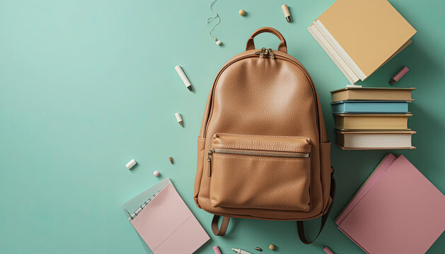 Flat lay of brown leather backpack with stack of books and school supplies on mint green background education and lifestyle concept for student preparation and organization
