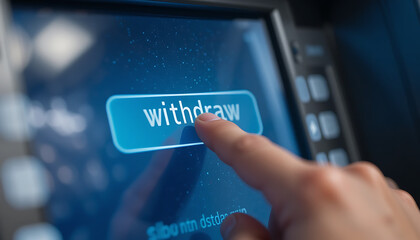 A close-up view of a finger pressing the "withdraw" button on an ATM screen.