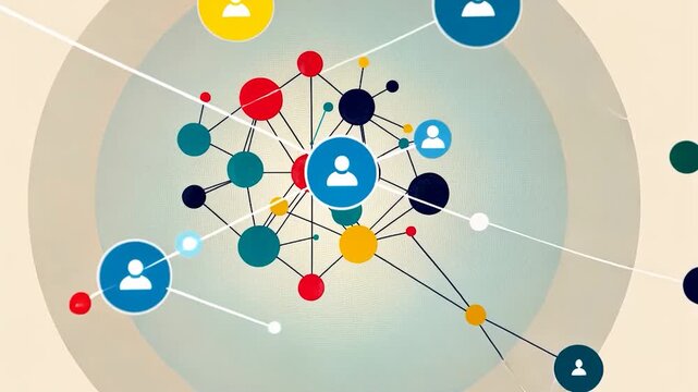 Abstract graphic of interconnected circles in various colors, linked by thin lines, centered on a blue person icon