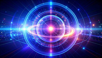Abstract visualization of quantum computing with a glowing qubit. Futuristic physics and high-performance computing background