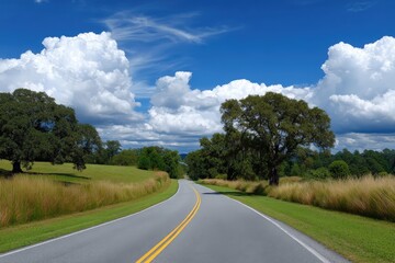 Fototapeta premium A road curves through a grassy landscape under a vibrant blue sky with fluffy white clouds