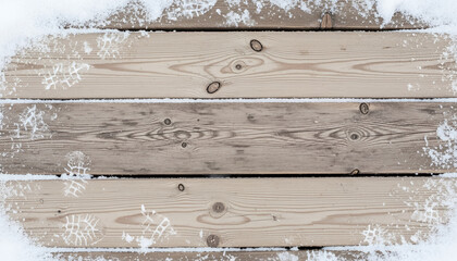 Wooden planks lightly dusted with snow show scattered footprints and winter texture, creating a rustic and cozy seasonal background.