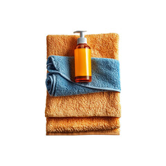 Stack of yellow and blue bath towels with amber pump bottle, isolated on white; spa and skincare concept for bathroom hygiene, hospitality, wellness and lifestyle.