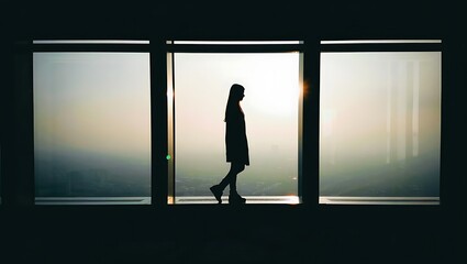 Fototapeta premium A solitary figure silhouetted against a vast window at sunset contemplating the city skyline spread out below symbolizing introspection and personal reflection