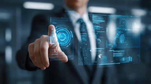 Modern Technology: A visionary individual, immersed in a futuristic digital interface, effortlessly engages with advanced technology.