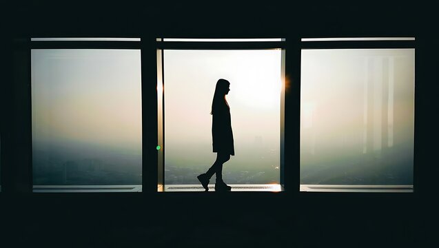 A solitary figure silhouetted against a vast window at sunset contemplating the city skyline spread out below symbolizing introspection and personal reflection