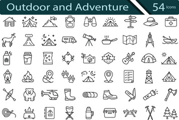 Minimal Camping and Outdoor Adventure Icon Set for Wilderness, Survival, and Travel Designs.