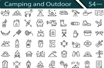 Ultimate Set of Camping and Outdoor Activity Icons for Nature Adventures and Wilderness Travel.