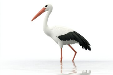 Stork wading in water 3d render cartoon character on white background