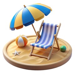 Beach scene with deck chair umbrella beach ball and starfish isolated on white background