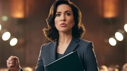 Motivated woman in formal attire speaking during presentation in professional setting - Powered by Adobe