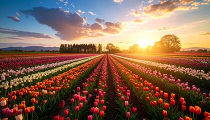 Depicts the vibrant tulip fields with their diverse hues