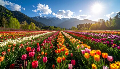 Depicts the vibrant tulip fields with their diverse hues