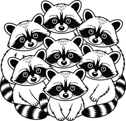 Obraz premium A cute group of cartoon raccoons piled together in a circle