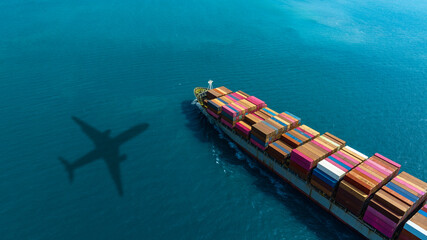 Aerial view of the freight shipping transport system cargo ship container. international...