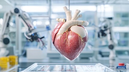 Futuristic digital art suspended heart in a high-tech scientific laboratory