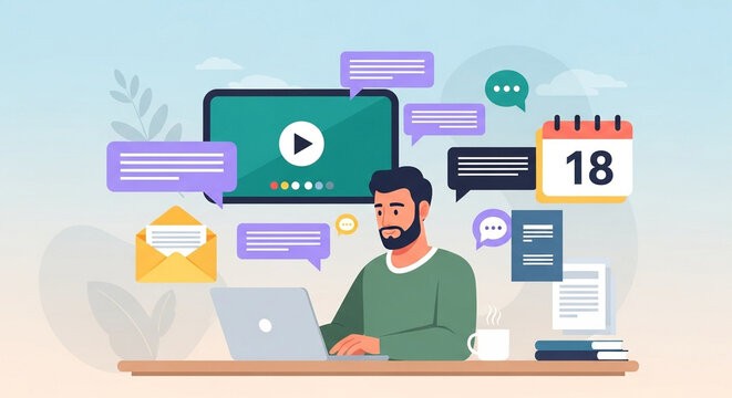 Illustration of a man working from home on his laptop, surrounded by digital communication tools. He is managing his schedule, attending video calls, and staying productive online. Vector image.