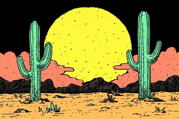 Dramatic sunset over a desert landscape featuring a lone cactus silhouette