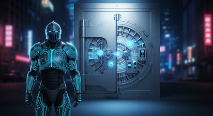 A futuristic cyber knight stands guard before a high-tech bank vault. The image evokes themes of digital security, protection, and the cutting-edge intersection of technology and finance. It's a digit