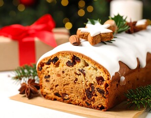 Festive Christmas fruitcake on parchment paper