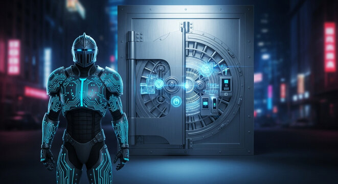 A futuristic cyber knight stands guard before a high-tech bank vault. The image evokes themes of digital security, protection, and the cutting-edge intersection of technology and finance. It's a digit