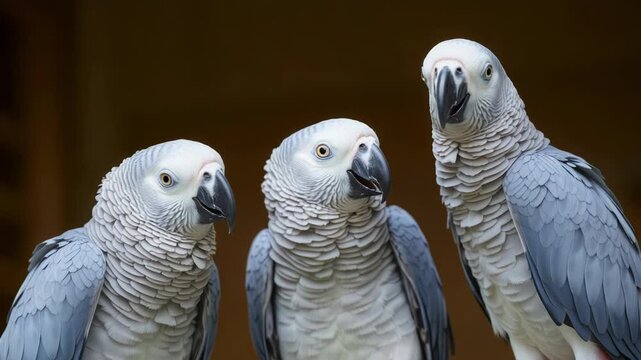 Three african grey parrots with white faces and grey feathers