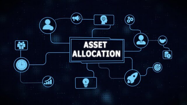 Asset allocation concept illustrated with business icons on a dark blue background