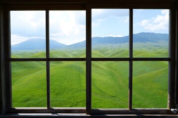 A Scenic View Through an Old Wooden Window Frame Revealing Rolling Green Hills Under a Bright Blue Sky with Fluffy White Clouds